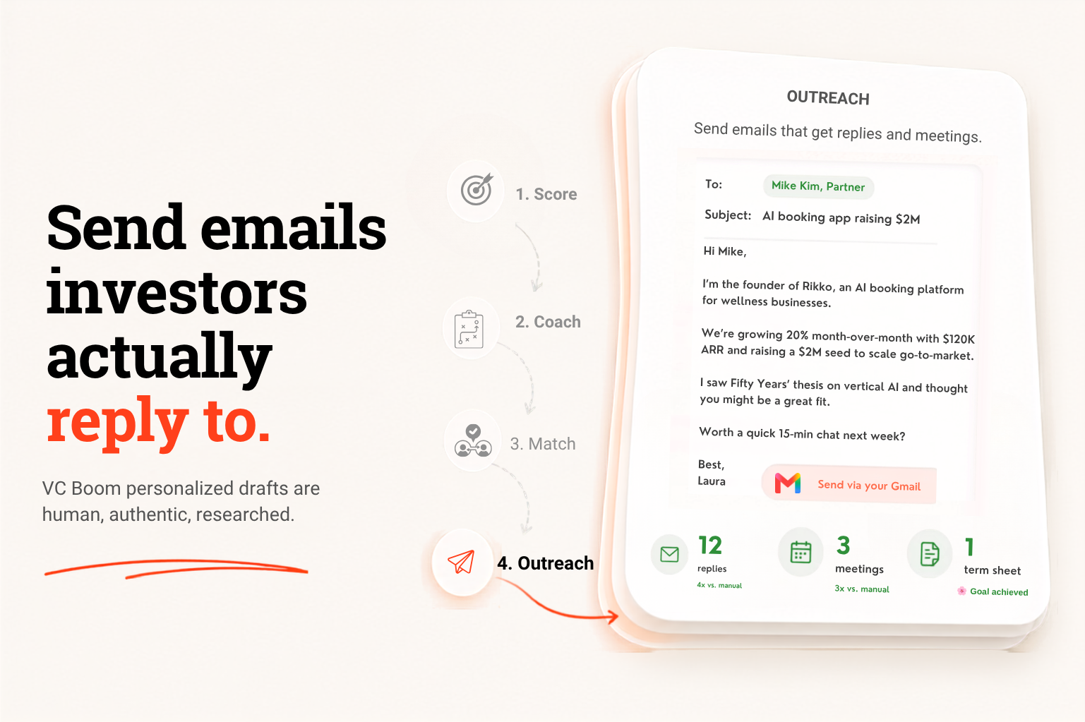 Score in 90 seconds, match with the right investors, draft cold emails that sound like you