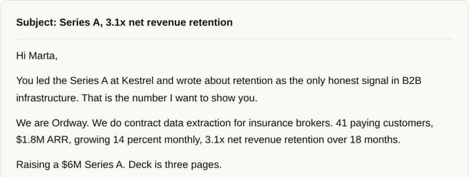 A drafted first email to one investor partner