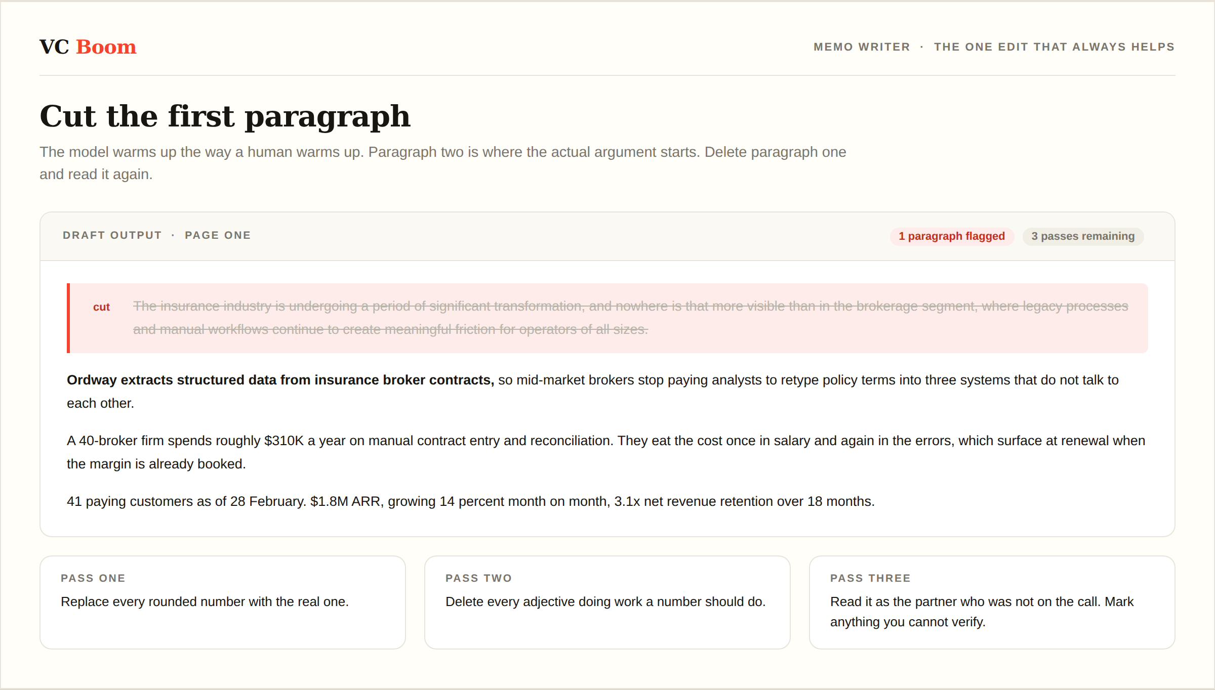 The Memo Writer output panel with the first paragraph marked for deletion