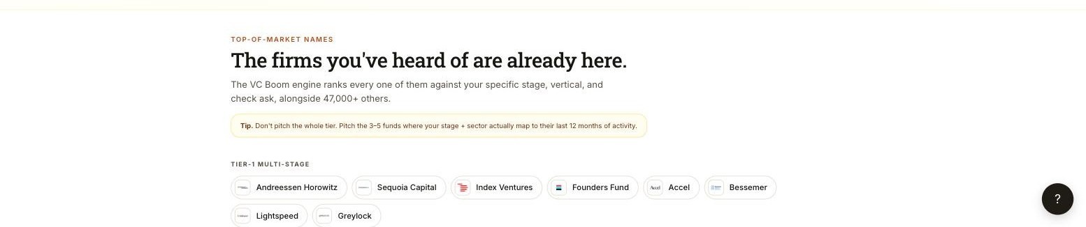 The tier one multi-stage fund list inside the VC Boom investor directory