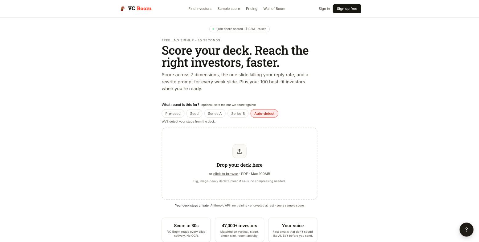 The VC Boom upload screen with the round selector and the deck drop zone